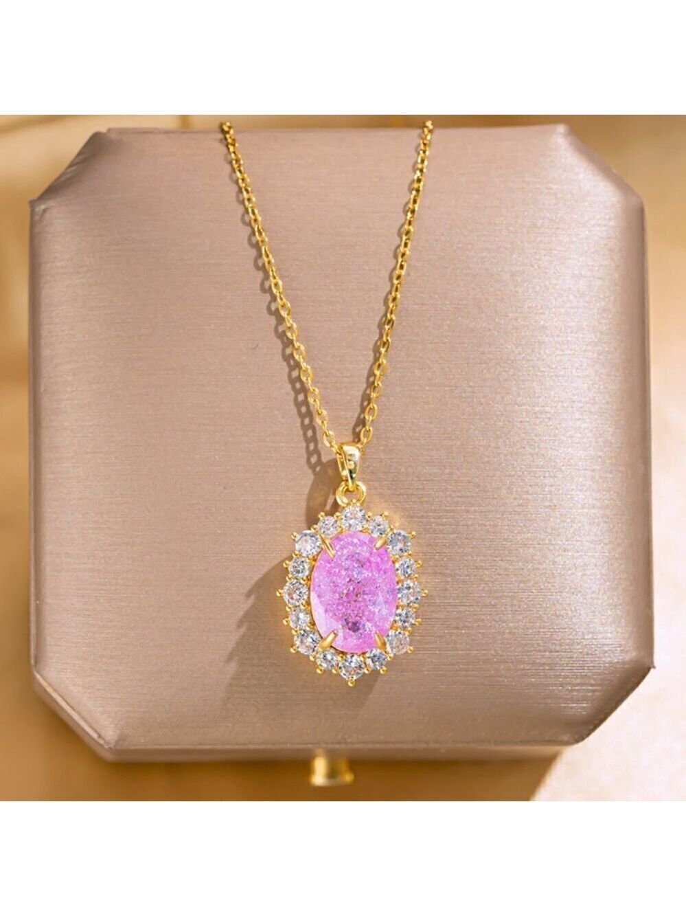 18k Gold Plated Stainless Steel Cosmic Sparkle Pink Oval Pendent, Zircon